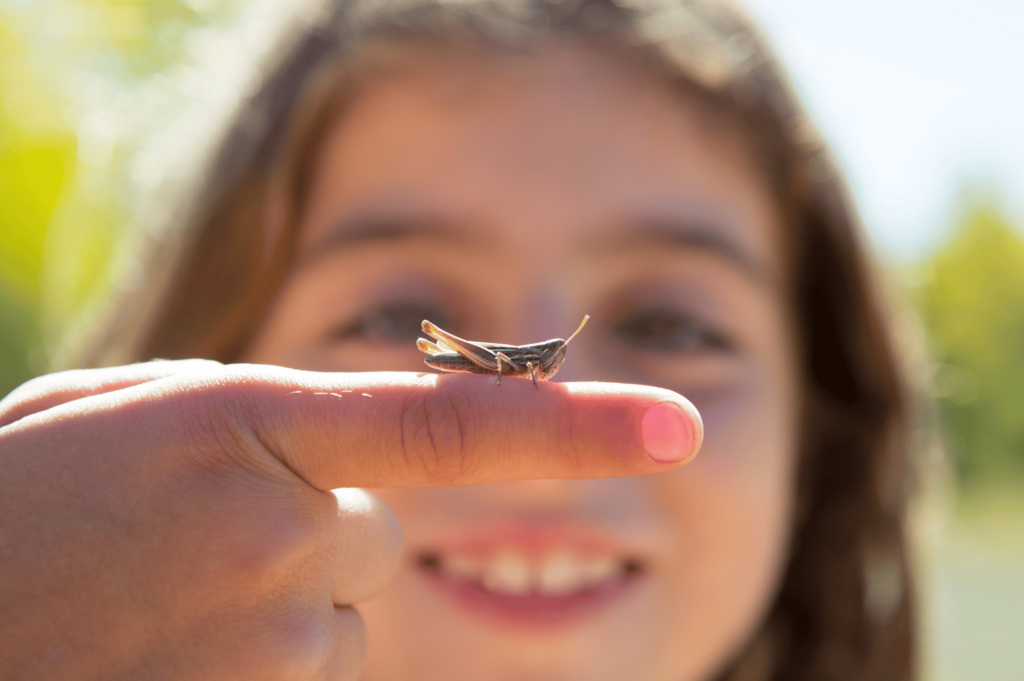 girl holding grasshopper