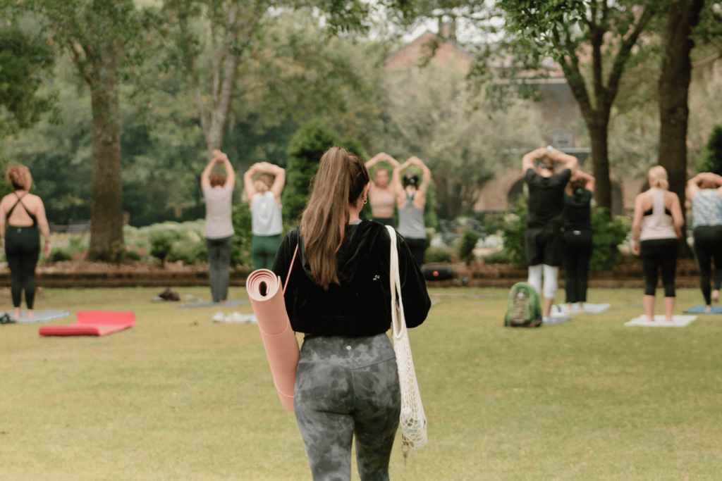 girl walking to yoga class